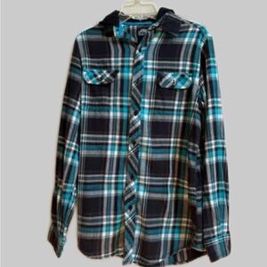 First Wave Hooded Flannel Shirt – Black, Blue & White – Size 16 – NWOT